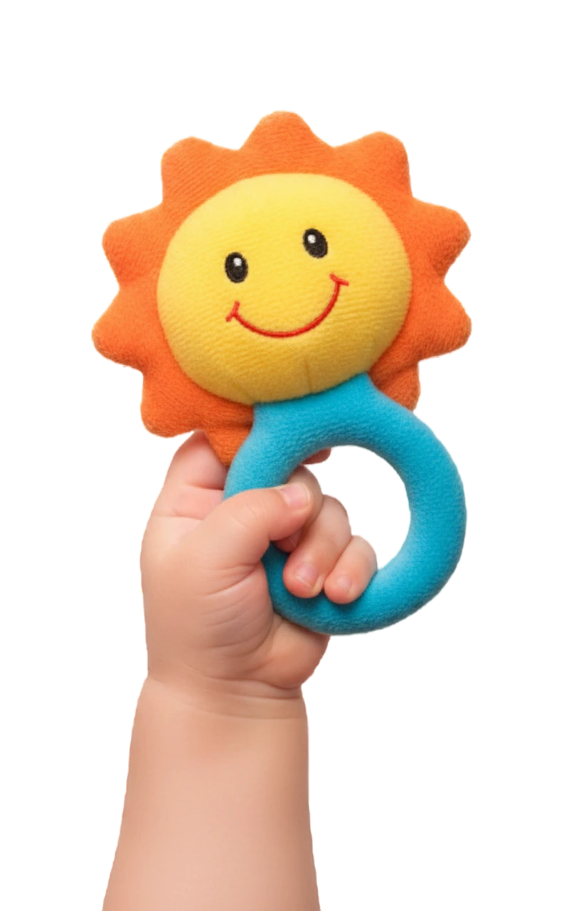 Mão de bebê segurando um brinquedo na etapa de Berçário