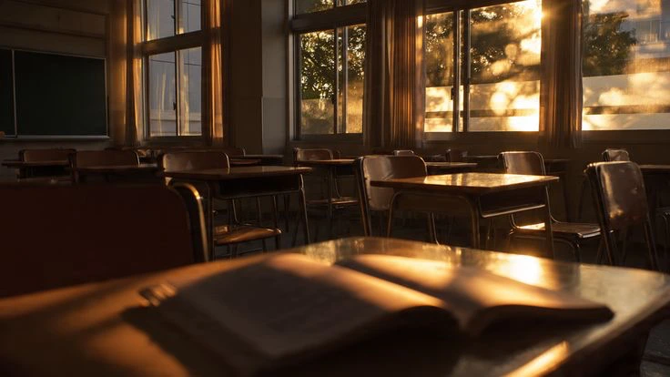 Sala de aula iluminada pelo sol na abertura de Quem Somos