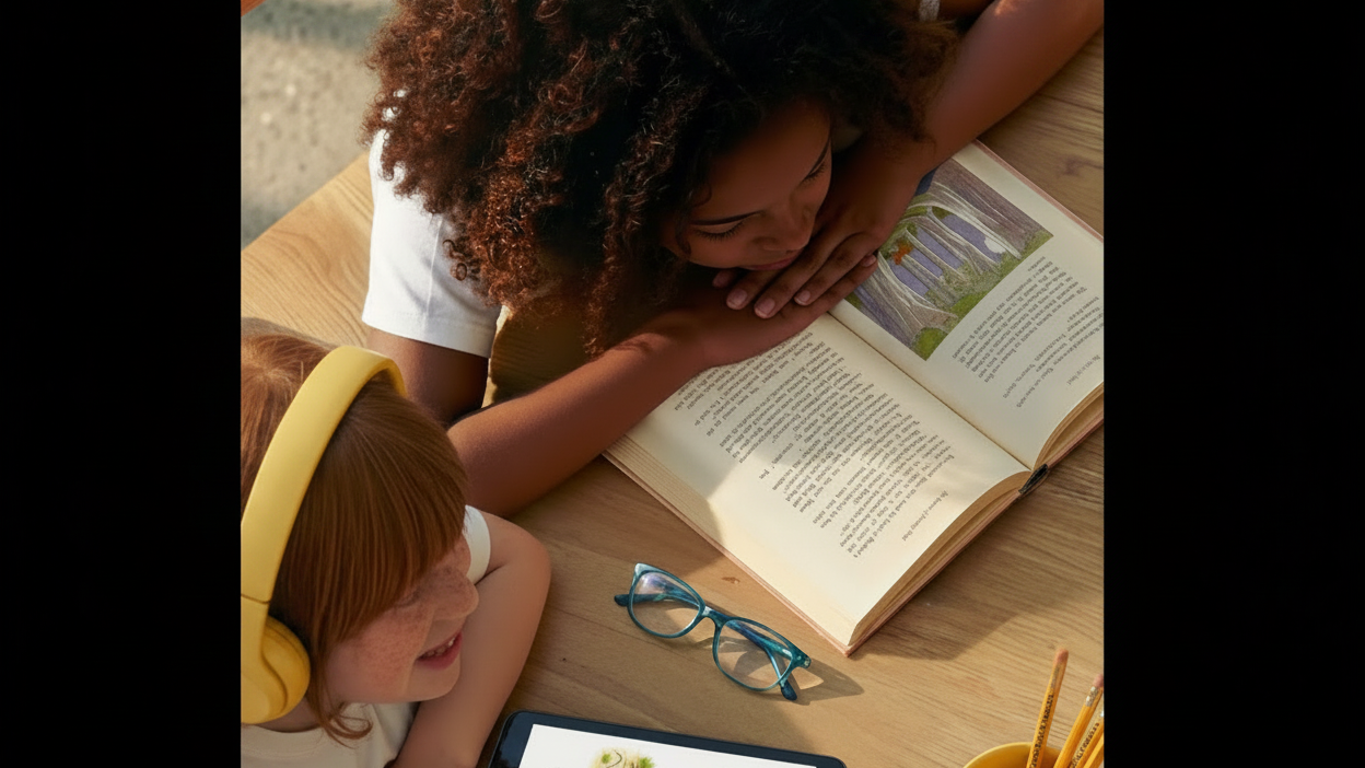 Criança lendo um livro na seção de ética e proteção de dados